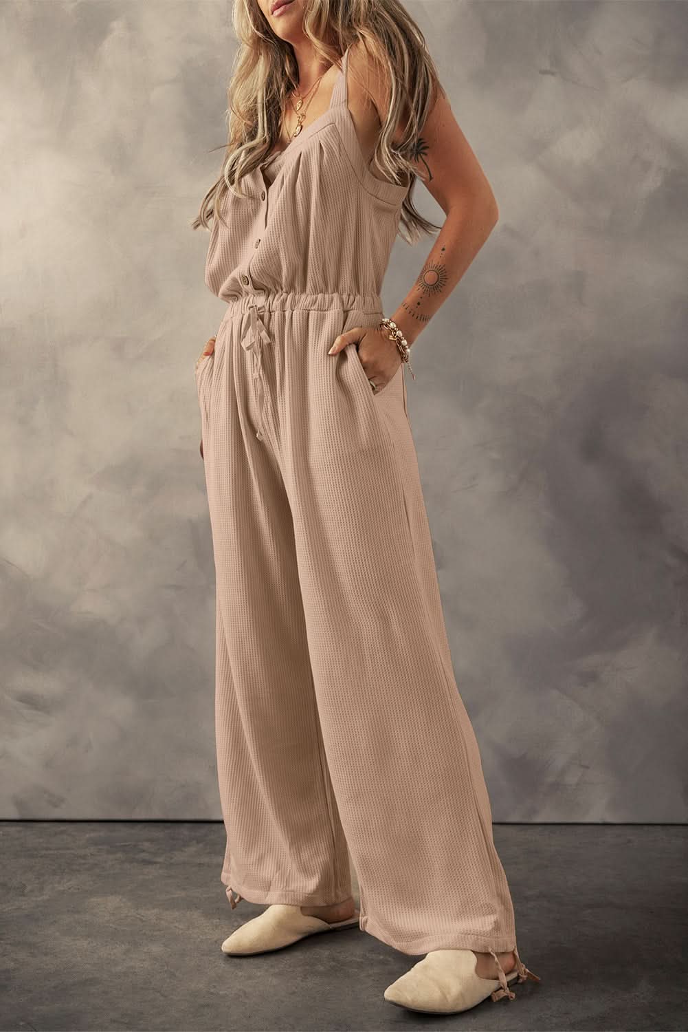Pale Khaki Knotted Straps Button Textured Drawstring Jumpsuit - Love Salve